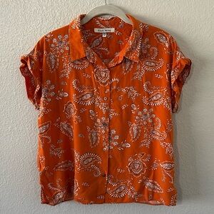 Black Rainn | Burnt Orange Paisley Print Button Down Short Sleeve Blouse Size M